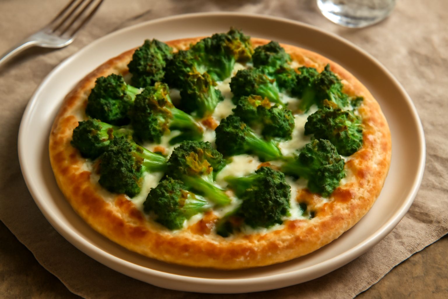 Pizza rotonda su piatto bianco con base dorata croccante, ricoperta di broccoli verdi rosolati, mozzarella filante, parmigiano grattugiato e filo di olio d'oliva