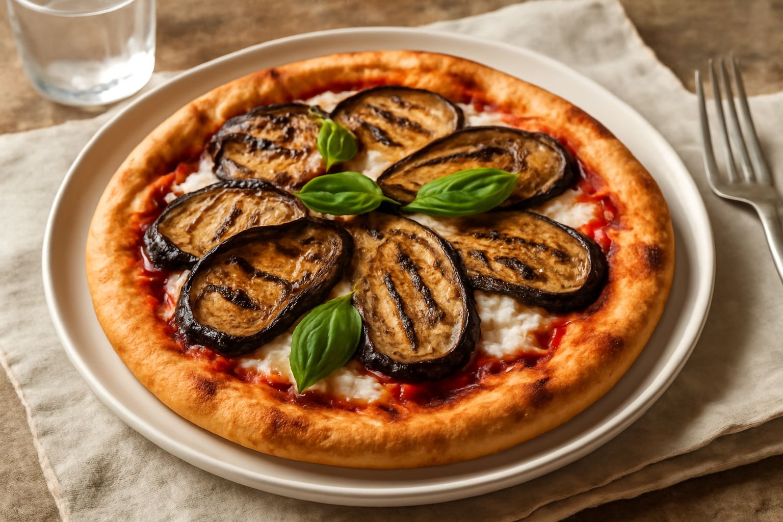 Pizza di melanzane con melanzane grigliate scure, mozzarella bianca sciolta, pomodoro rosso e basilico verde, servita intera su un piatto bianco da pizzeria