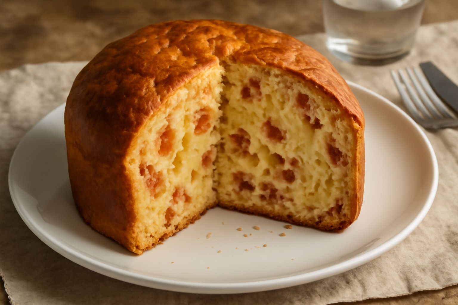 Pizza di Pasqua affettata su un piatto bianco, crosta dorata, interno soffice con fori irregolari dovuti alla lievitazione, visibili pezzetti di formaggio e qualche fetta di salume