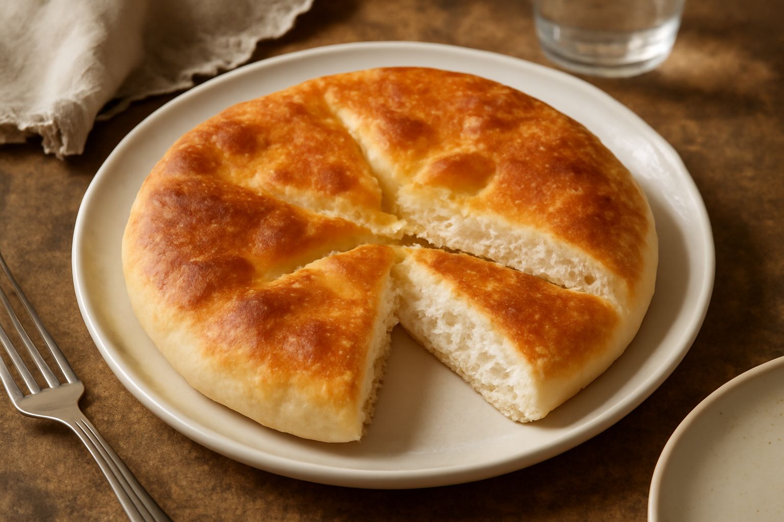 Pizze di ricotta dorate e soffici su un piatto bianco, tagliate in porzioni, guarnite con olio d'oliva e origano, con sfoglia morbida appena infornata