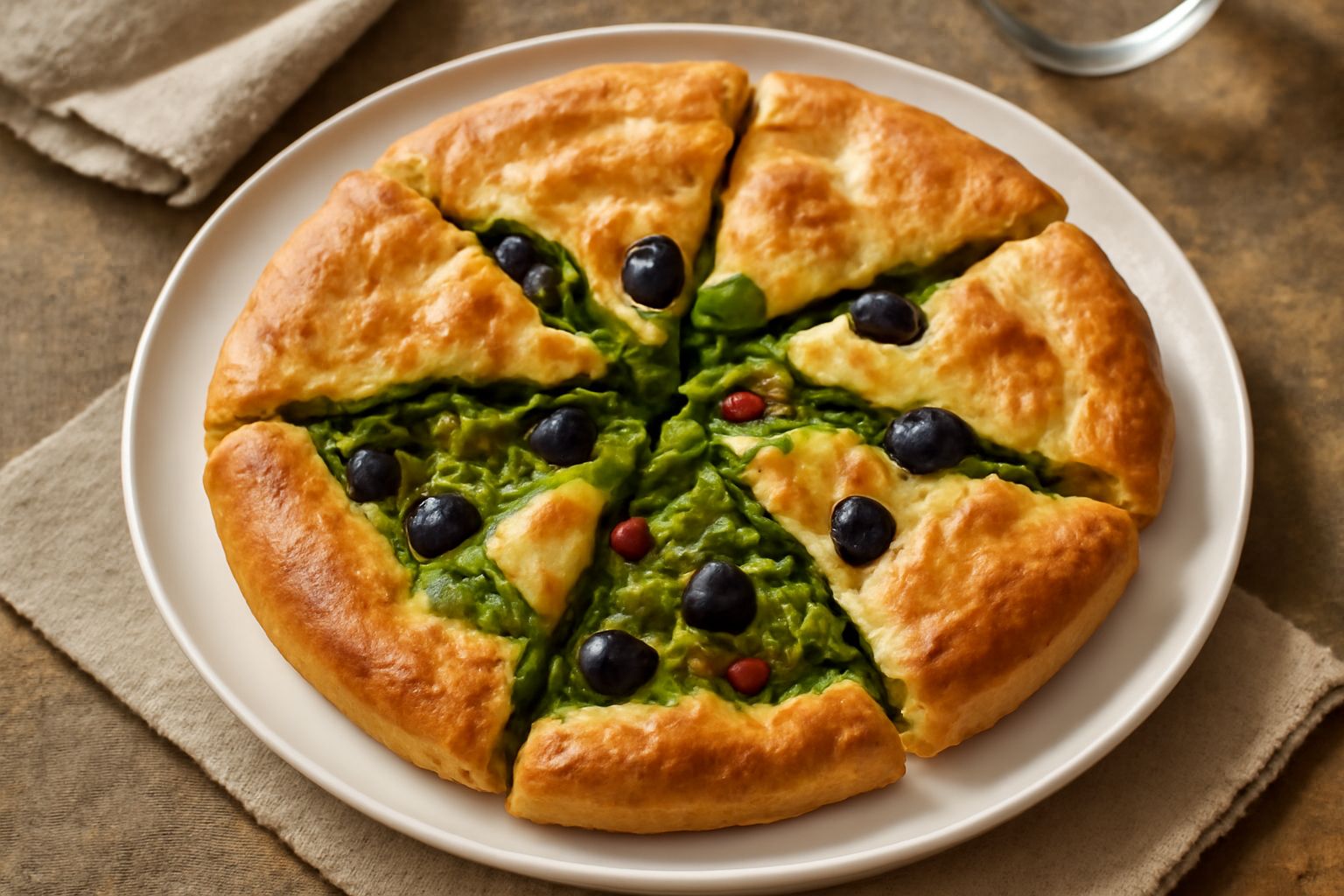 Pizza di scarola appena sfornata, superficie dorata e croccante, tagliata a spicchi, con scarola verde e olive nere visibili all'interno, su piatto bianco