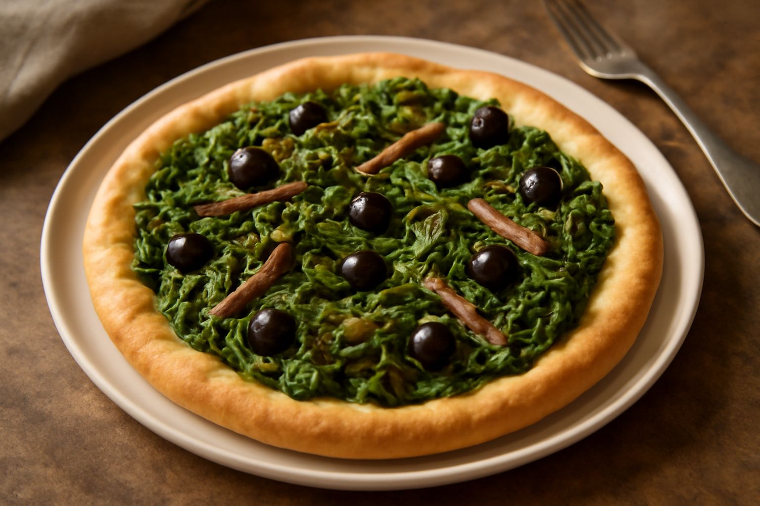 Pizza di scarole rettangolare in teglia, con impasto dorato, scarole verdi scure visibili in superficie, olive nere sparse, acciughe grigie, bordi croccanti e dorati