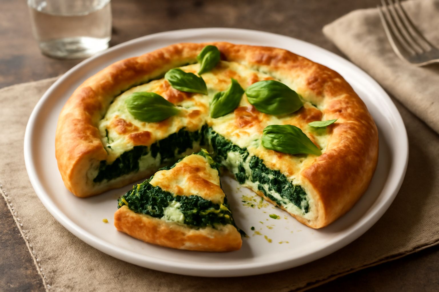 Pizza di spinaci tagliata in quattro fette, con superficie dorata e leggermente croccante, ripieni di spinaci verde scuro e ricotta bianca visibile, bordo gonfio e ben cotto, su piatto bianco
