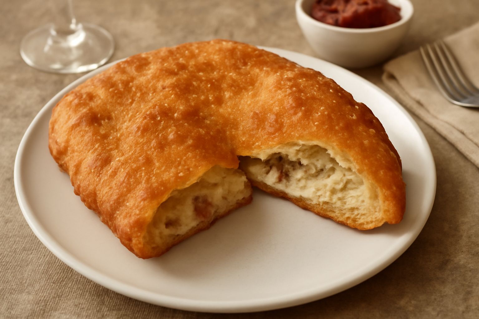 Pizza fritta tagliata a metà su carta bianca, superficie dorata e croccante, interno con ciccioli visibili e formaggio fuso, crosta uniformemente colorata
