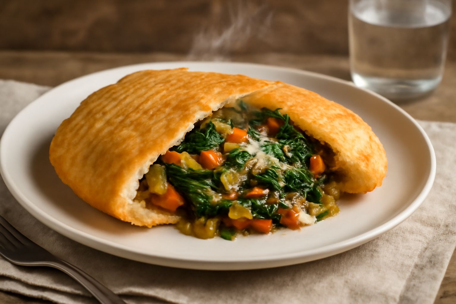 Pizza fritta ferrarese tagliata a metà, dorata e croccante, con all'interno verdure soffritte verdi e bianche e formaggio filante, adagiata su un piatto bianco con carta assorbente