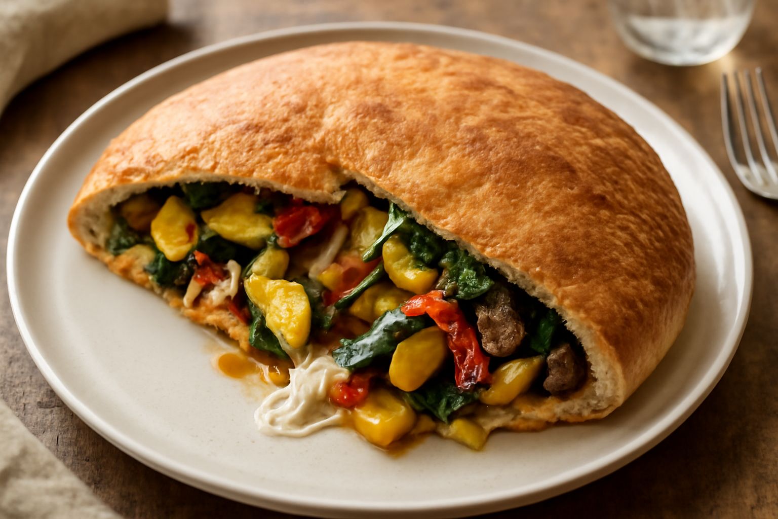 Pizza rotonda tagliata a fette, con crosta dorata e screpolata, ripieno di verdure multicolore visibile dal taglio, formaggio filante, servita su teglia nera su tavolo di legno scuro con piatto bianco