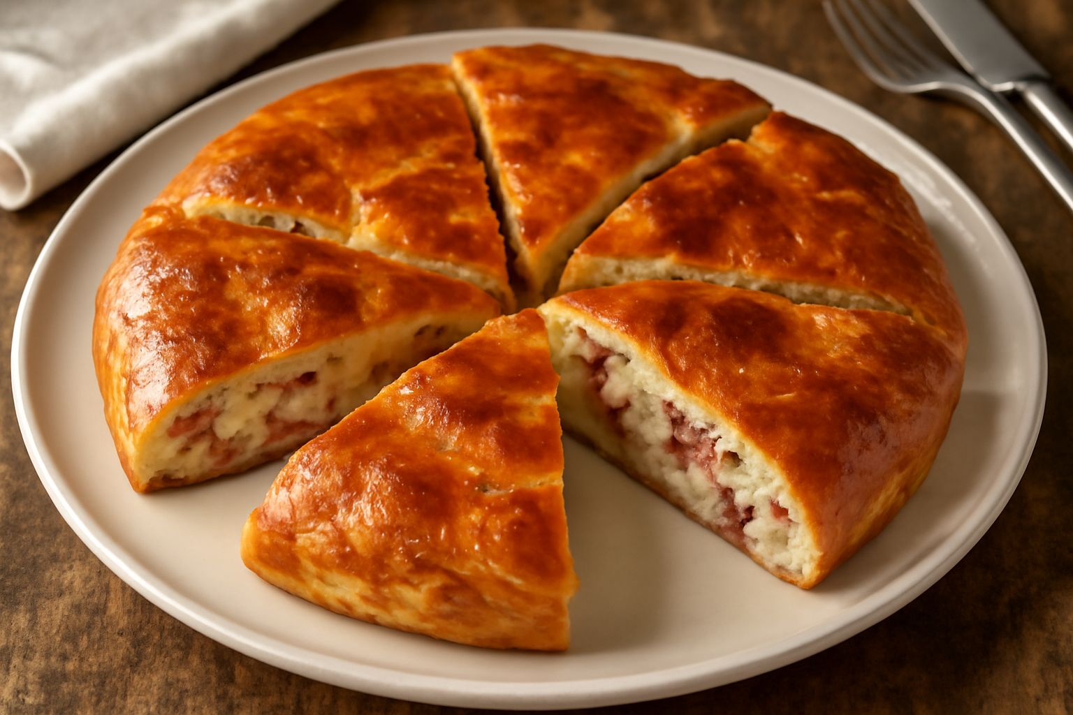 Pizza rustica casertana appena sfornata, tagliata a fette, con crosta dorata e paglierino, ripieno visibile di ciccioli bianchi, formaggio filante e salumi rossi, servita su un piatto di ceramica beig