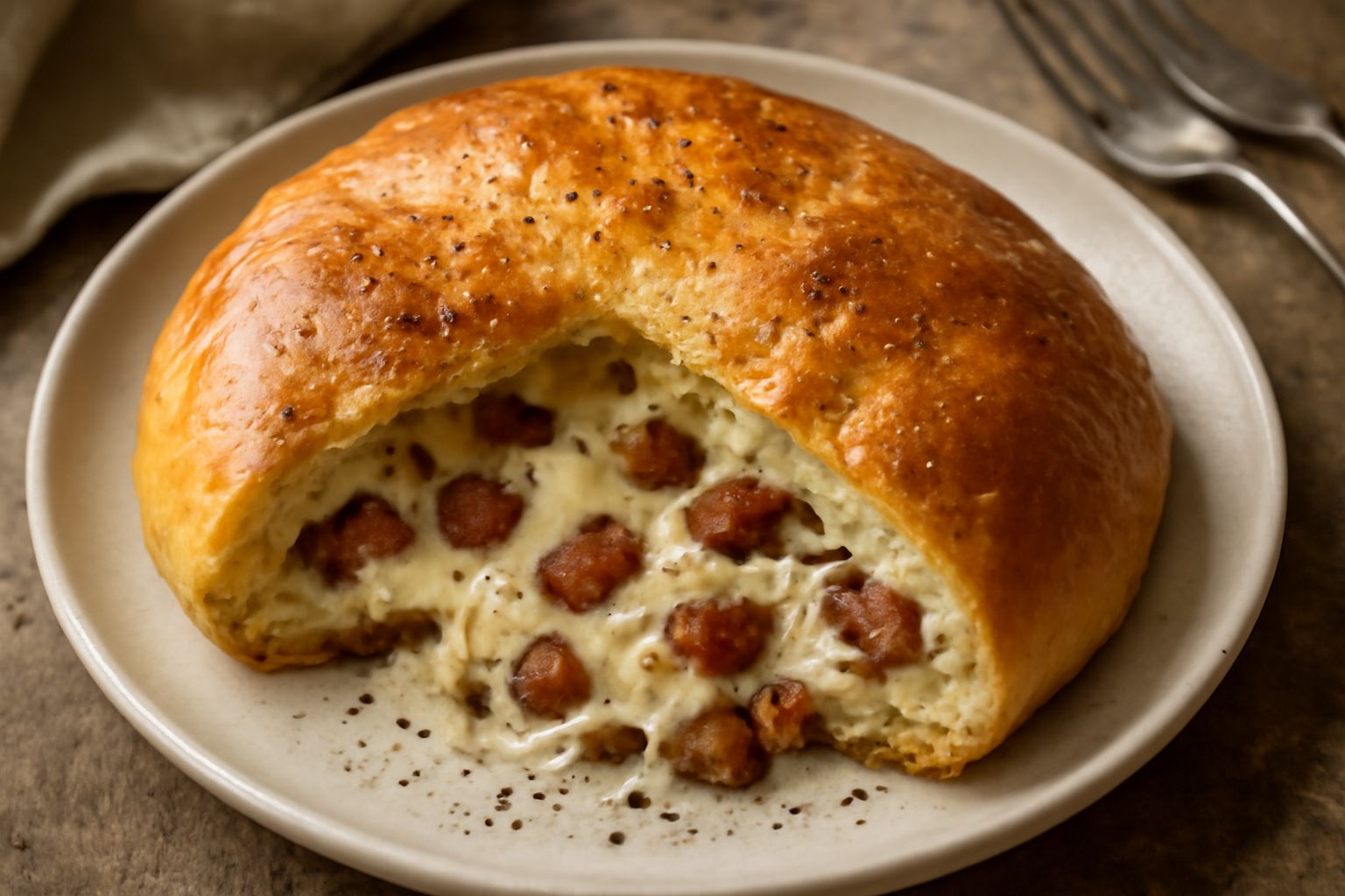 Pizza rustica molisana appena sfornata con superficie dorata e croccante, tagliata a fette, che mostra il ripieno di formaggio filante e ciccioli di maiale all'interno, su un piatto di ceramica bianca