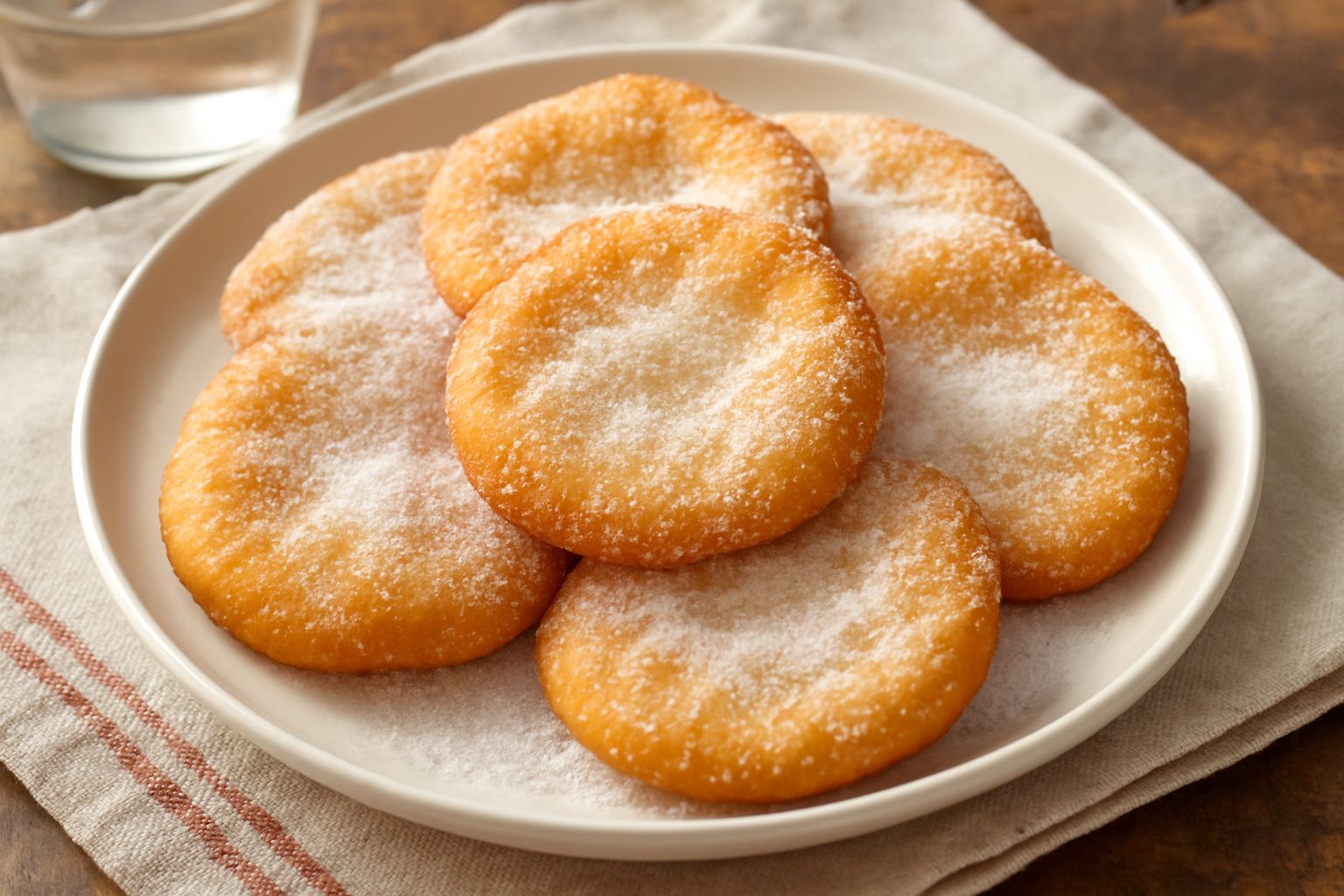 Pizzas dorate appena fritte su piatto bianco, ricoperte di zucchero semolato brillante, con la forma piatta e rotonda tipica, vapore leggero ancora visibile