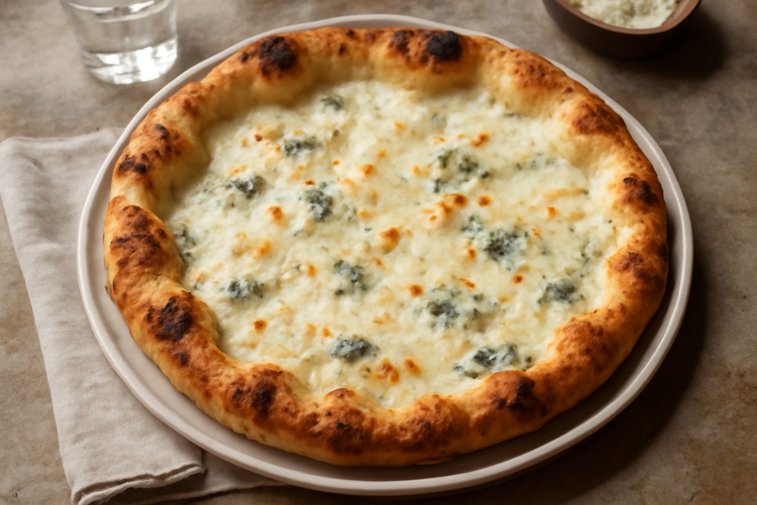 Pizza ai quattro formaggi con base dorata e croccante, formaggio filante bianco e cremoso, mozzarella fusa, gorgonzola screziato, pecorino giallognolo, ricotta bianca, servita intera su piatto bianco,