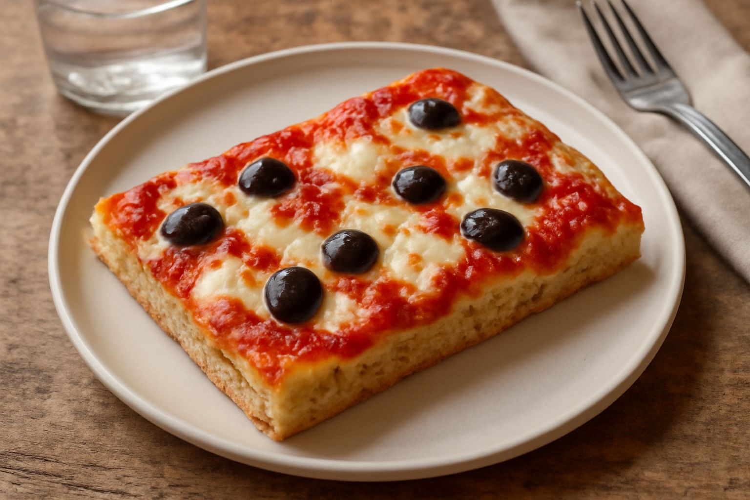 Pizza al taglio appena sfornata, dorata e croccante ai bordi, coperta di pomodoro rosso vivo e mozzarella bianca filante, tagliata in rettangoli sul piano di lavoro