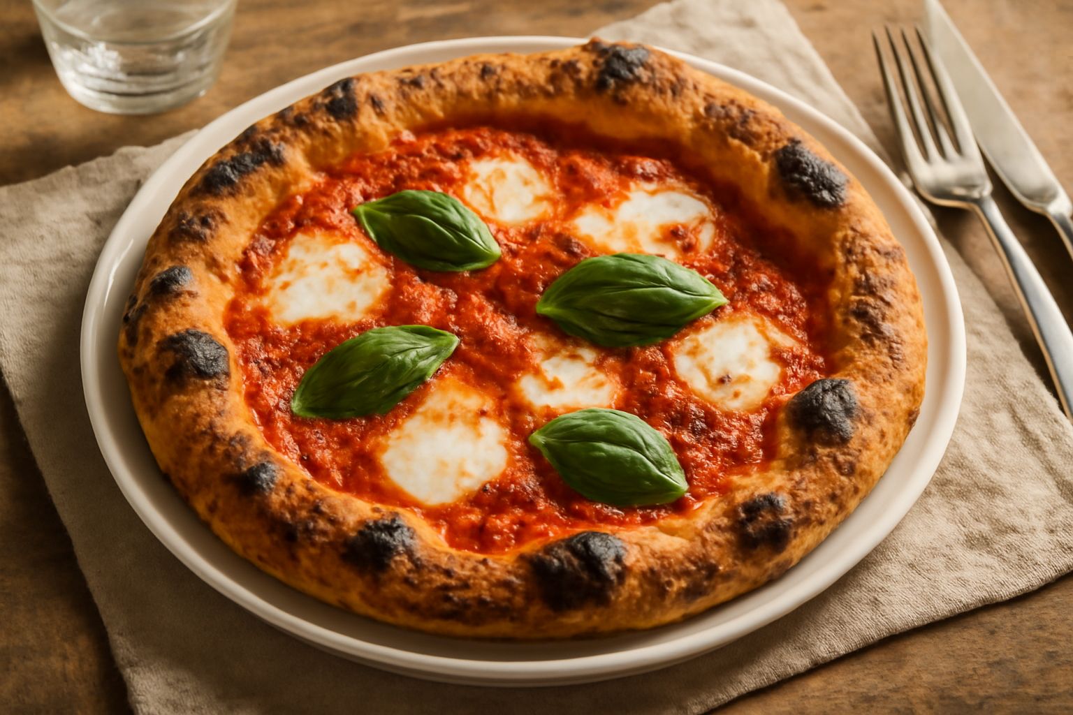 Pizza d'Andrea appena sfornata, con cornicione dorato e gonfio, superficie croccante leggermente macchiata di nero, condimento rosso di pomodoro e fili di mozzarella fusa, poggiata su carta bianca con
