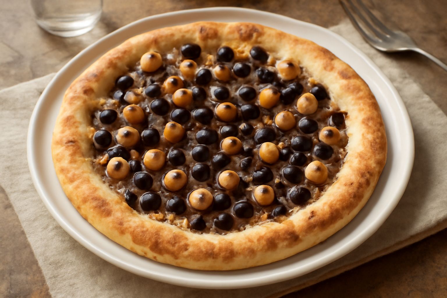 Pizza dolce tonda dorata con copertura di nocciole intere tostate, gocce di cioccolato fuso e spolverata di zucchero a velo, servita su piatto bianco con bordo irregolare