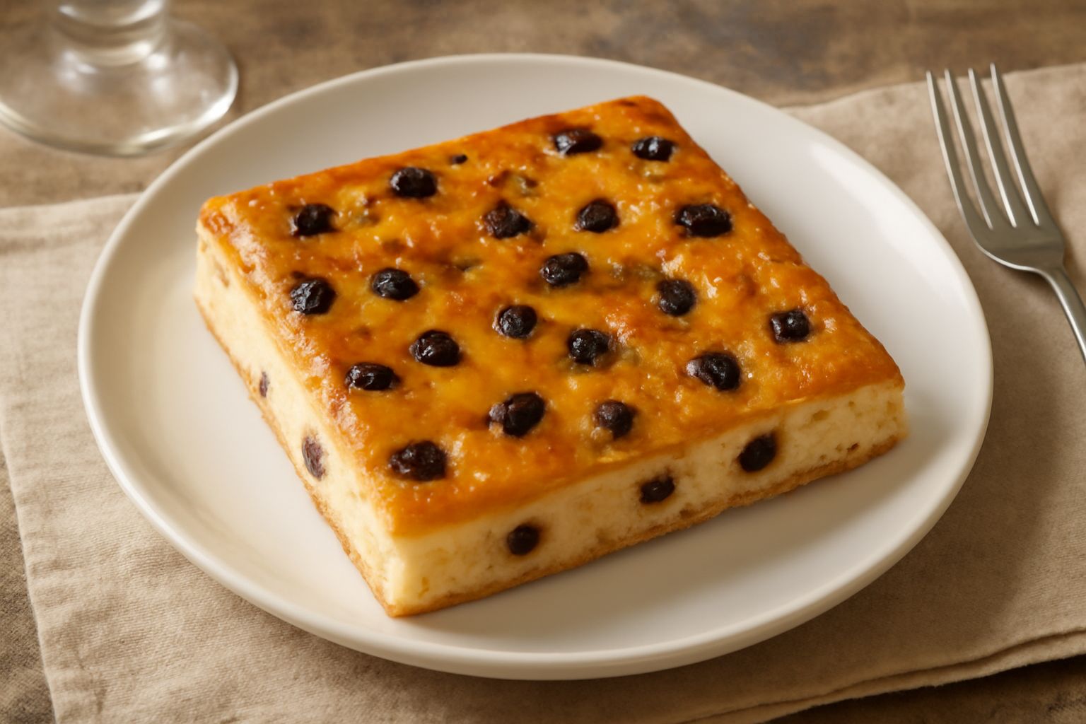 Pizza dolce di Natale su piatto bianco, rettangolare, dorata, con uvetta nera e pezzi di arancia candita sparsi in superficie, tagliata a fette, accanto tazza di tè caldo