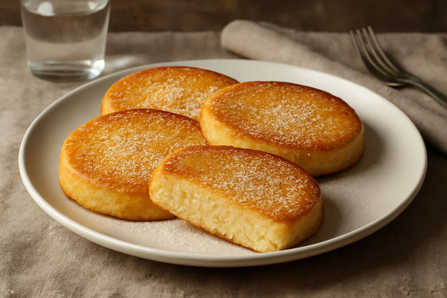 Pizze dolci di riso appena sfornate, di colore dorato chiaro, con superficie levigata e morbida, guarnite di zucchero semolato bianco, disposte su piatto bianco con contorno di caffellatte