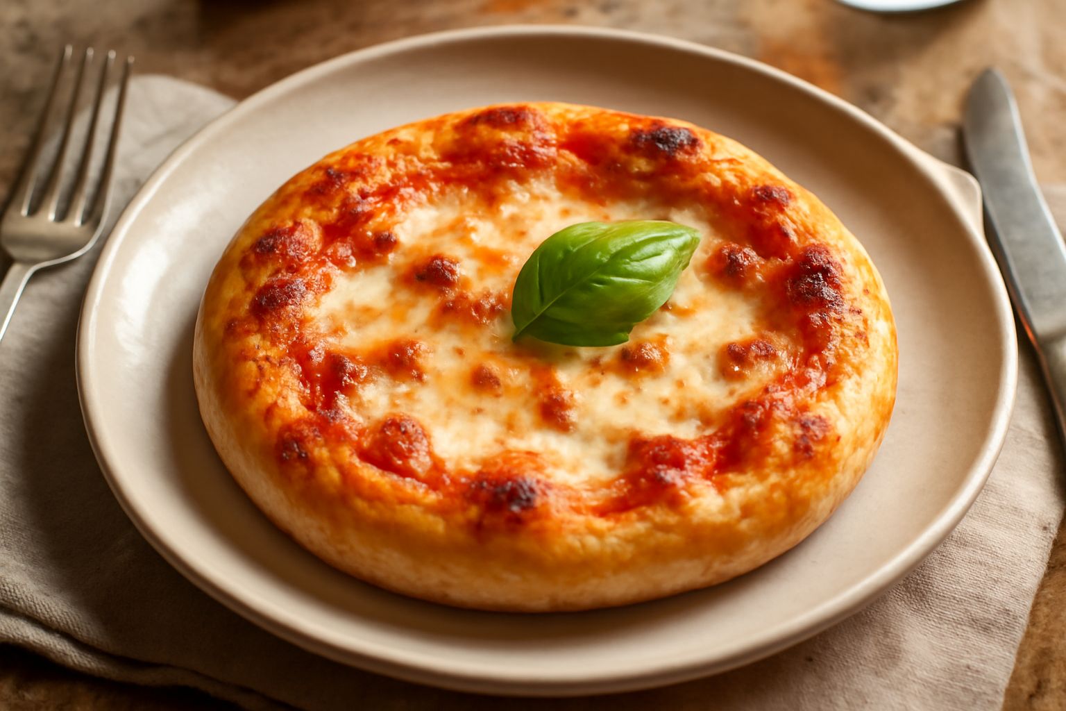 Tre pizzette dorate appena sfornate, con superficie croccante, una leggera doratura sui bordi, ricoperte di mozzarella fusa, salsa di pomodoro e qualche foglia di basilico fresco, servite su un piatto