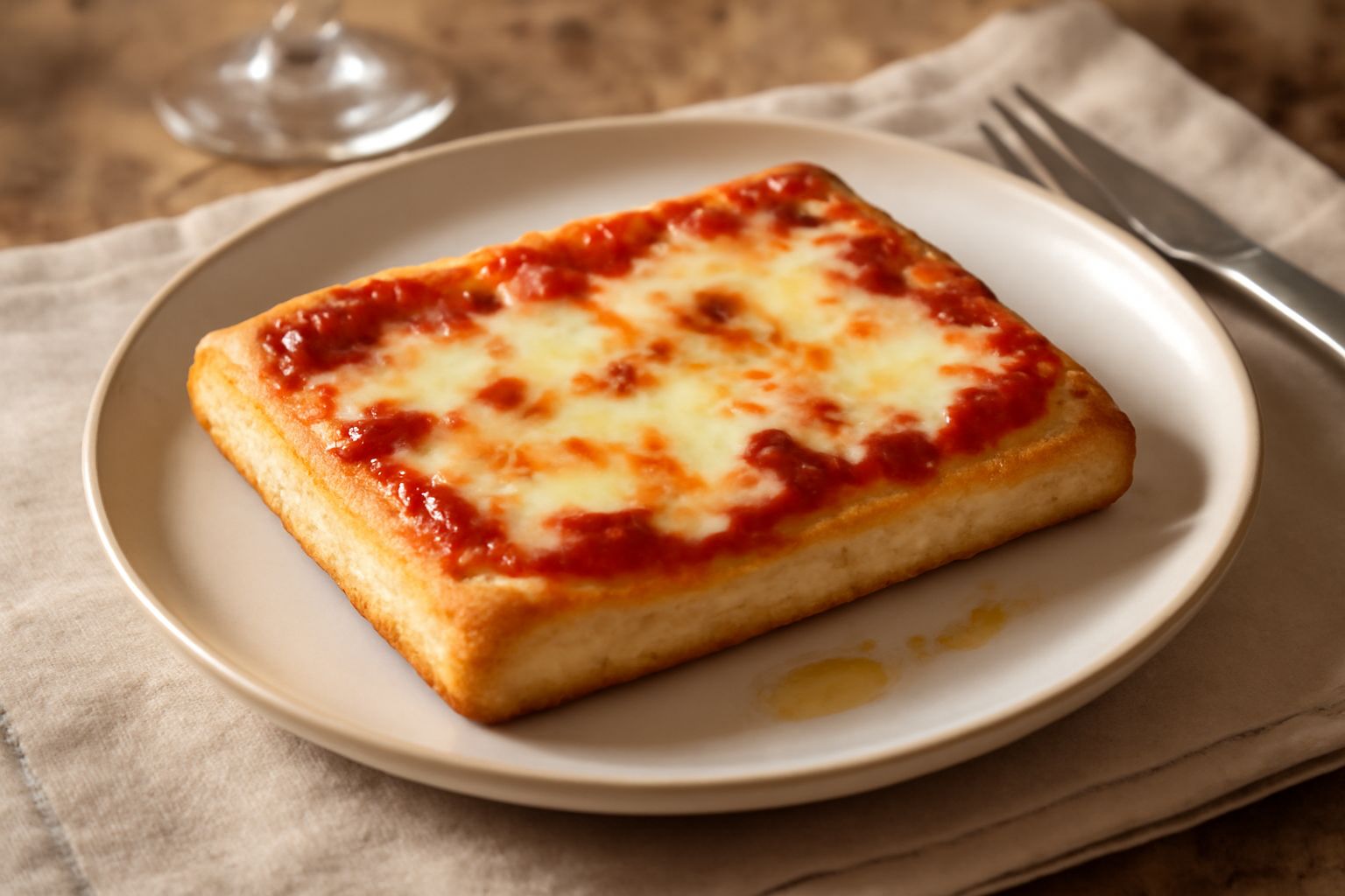 Pizzetta siciliana quadrata, dorata e croccante ai bordi, ricoperta di mozzarella filante e pomodoro rosso, su una carta paglia bianca, ripresa da sopra su uno sfondo grigio chiaro