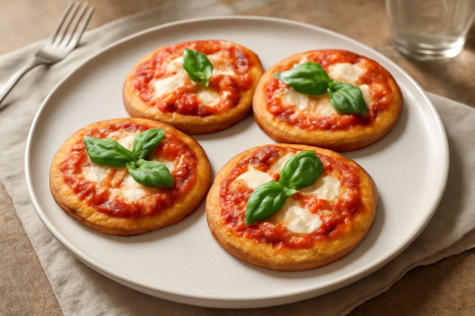 Pizzette fredde quadrate dorate e croccanti disposte su un piatto bianco, condite con pomodoro fresco, mozzarella, basilico verde e origano, con un bicchiere d'acqua fredda accanto