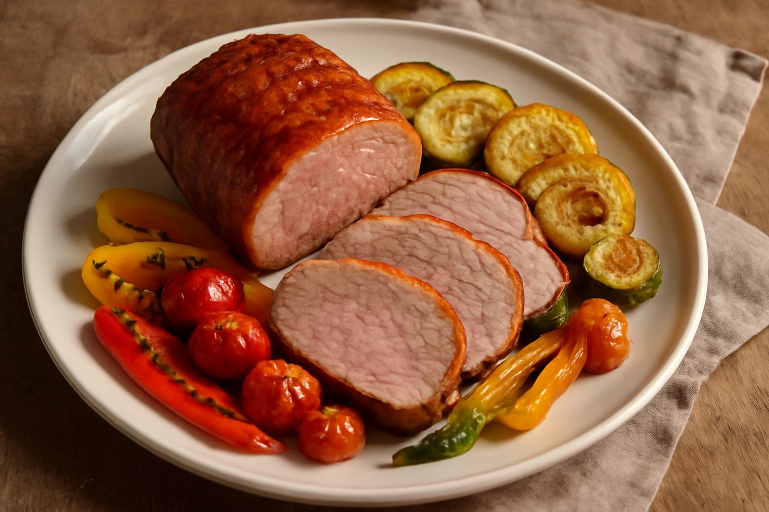 Arrosto di maiale pizzicata dorato e caramellato in superficie, tagliato a fette nei colori dal marrone al rosa chiaro, adagiato su un piatto bianco con contorno di verdure grigliate