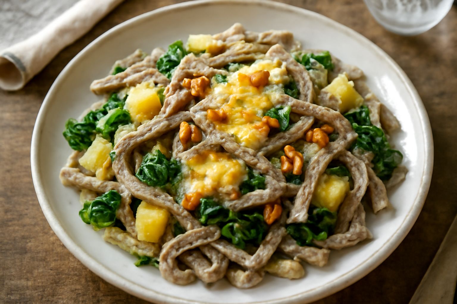 Pizzicheri in un piatto fondo di ceramica, pasta grigiastra mescolata con cavolo verde scuro, patate gialle, formaggio filante, burro fuso e aglio tostato, serviti fumanti