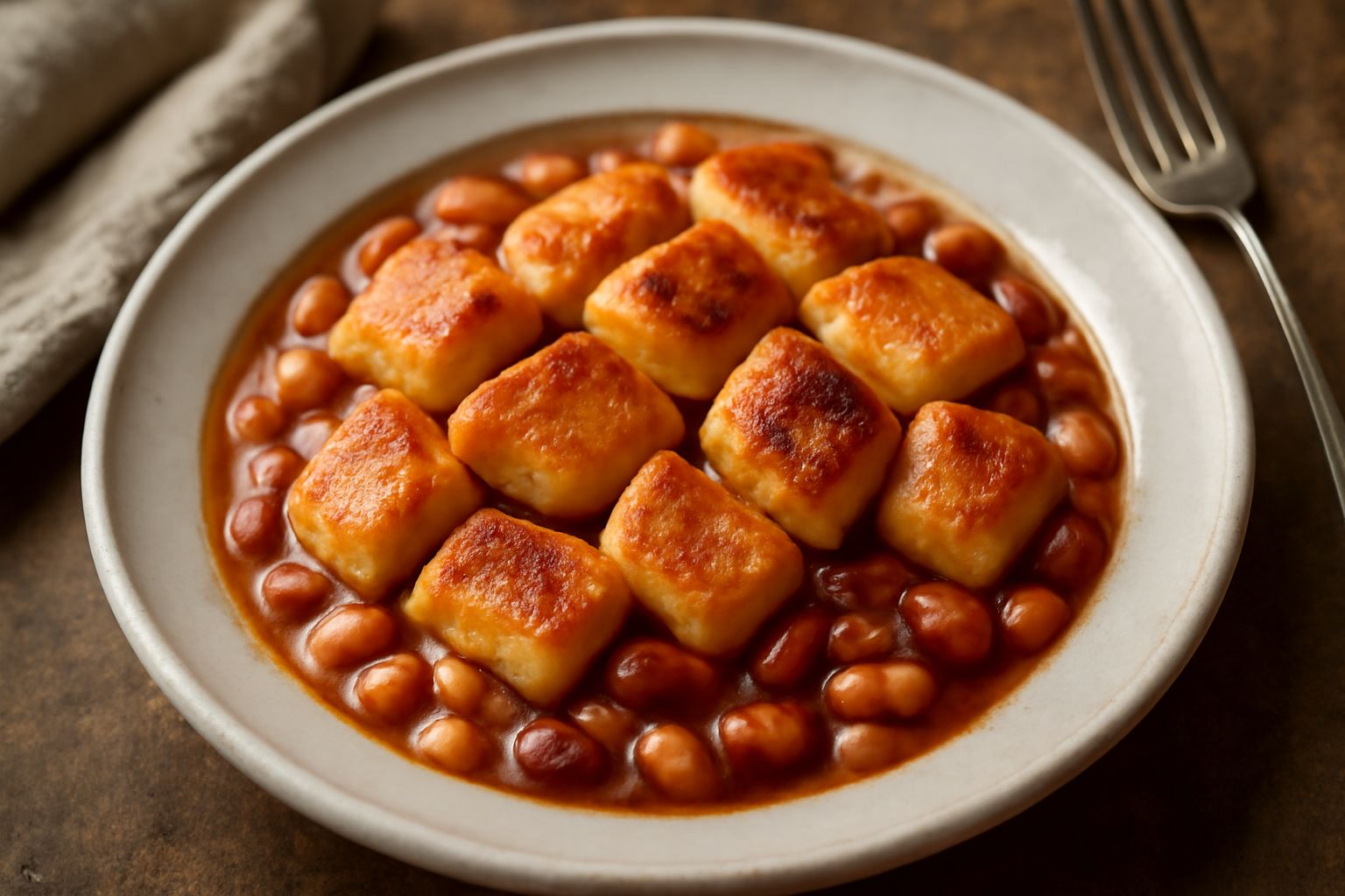 Pizzicotti dorati e croccanti disposti in un piatto bianco insieme a fagioli bianchi o rossi in brodo, con un filo d'olio d'oliva in superficie e prezzemolo fresco tritato.