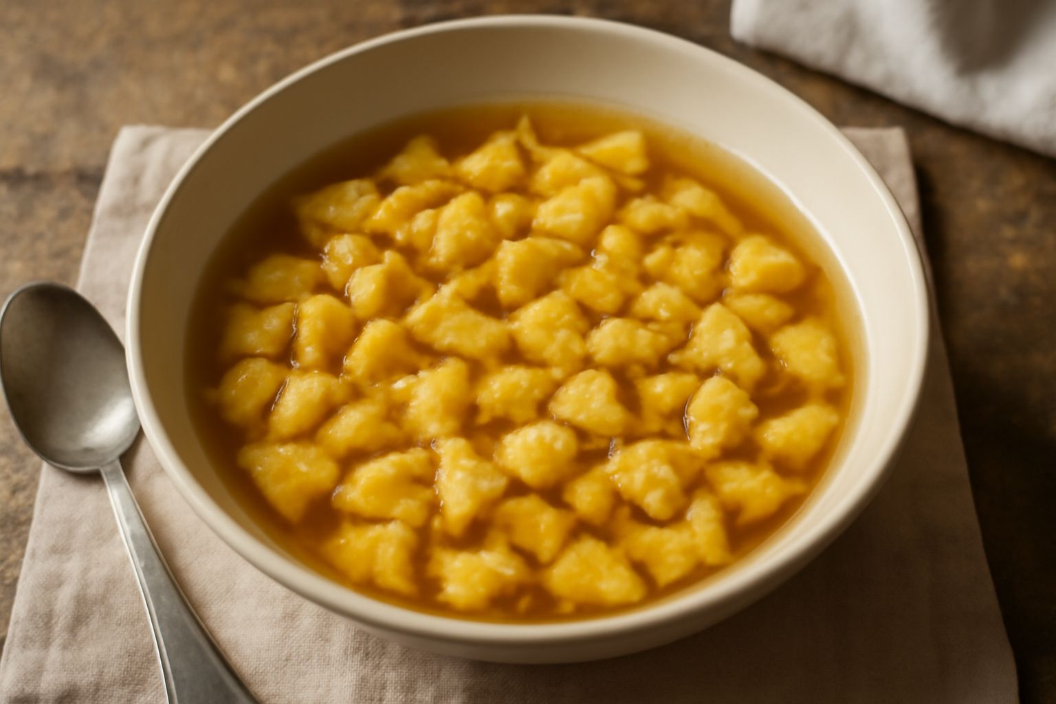 Ciotola bianca di porcellana con pizzicotti in brodo caldo, pasta gialla dorata immersa nel brodo trasparente color oro, guarnizione di prezzemolo verde fresco sparso in superficie, cucchiaio d'argent