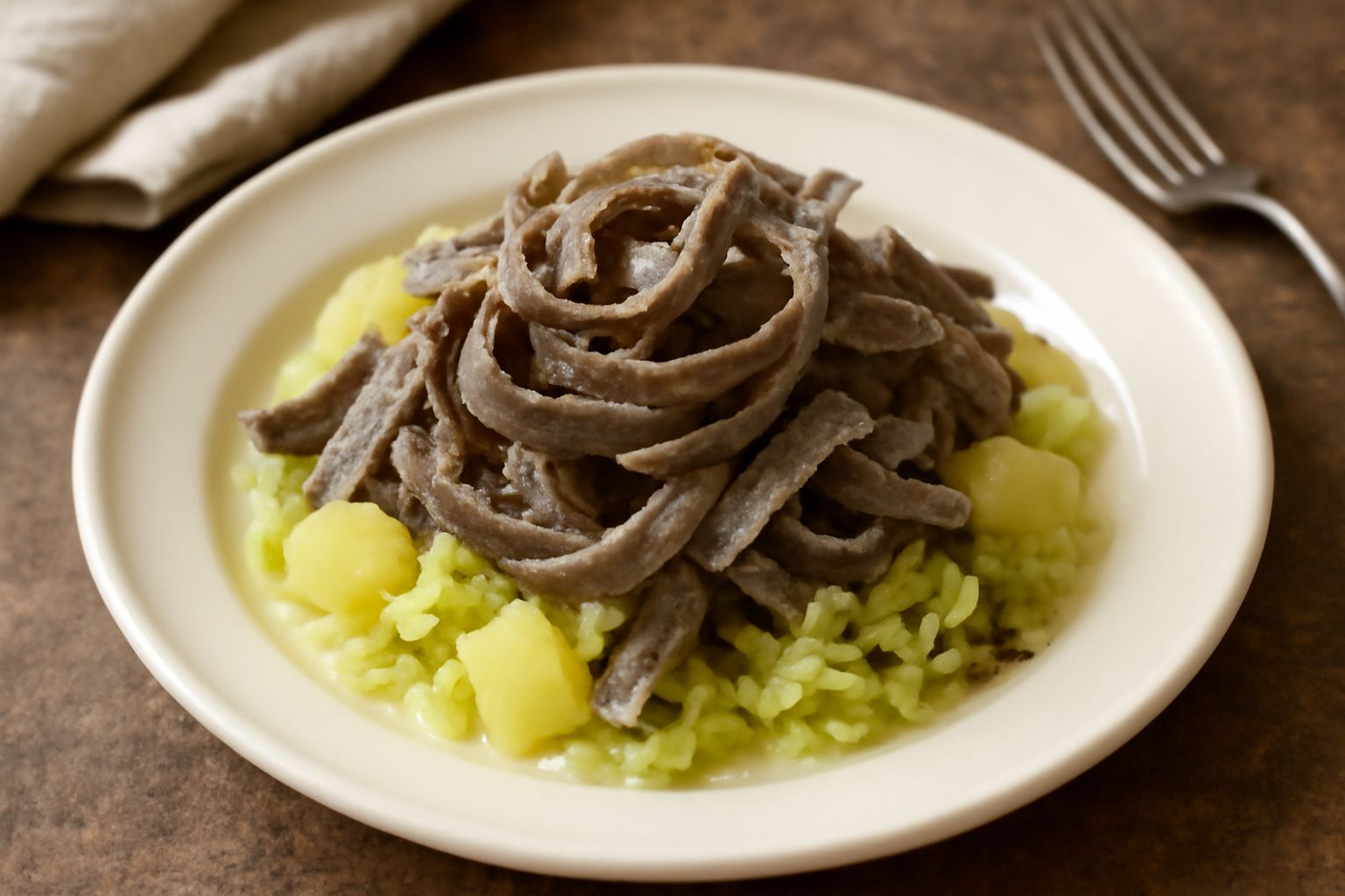 Pizzoccheri in un piatto bianco: pasta scura ondulata mescolata con pezzi di patata gialla, cavolo verza tagliato, aglio e formaggio grattugiato in superficie, con burro fuso lucido
