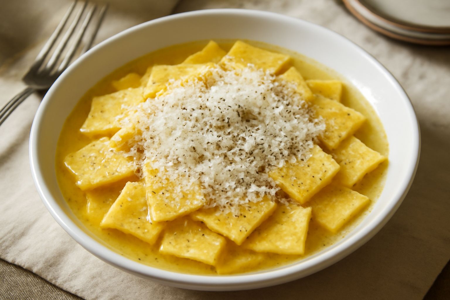 Pizzoccheri abruzzesi quadrati di pasta gialla serviti in un piatto fondo di terracotta, coperti di brodo caldo e fumante, con pepe nero macinato in superficie e pecorino grattugiato ai bordi