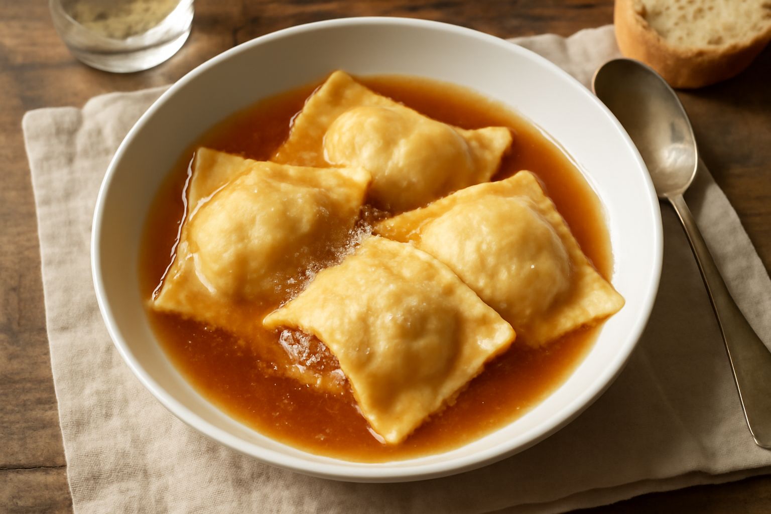 Piatto fondo bianco con pizzoccheri aquilani appena cotti: piccoli ravioli rotondi con bordi arricciati, immersi in brodo trasparente color oro, con grana di parmigiano spolverato in superficie e una 