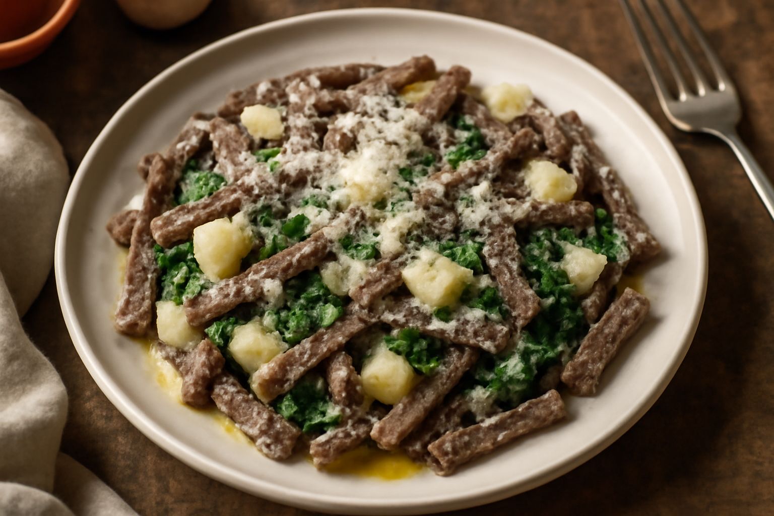 Pizzoccheri in un piatto fondo di ceramica grigia, pasta marrone-nera di grano saraceno con pezzi di patata bianca e cavolo verde scuro, conditi con burro fuso e formaggio filante grattugiato, ciuffo 