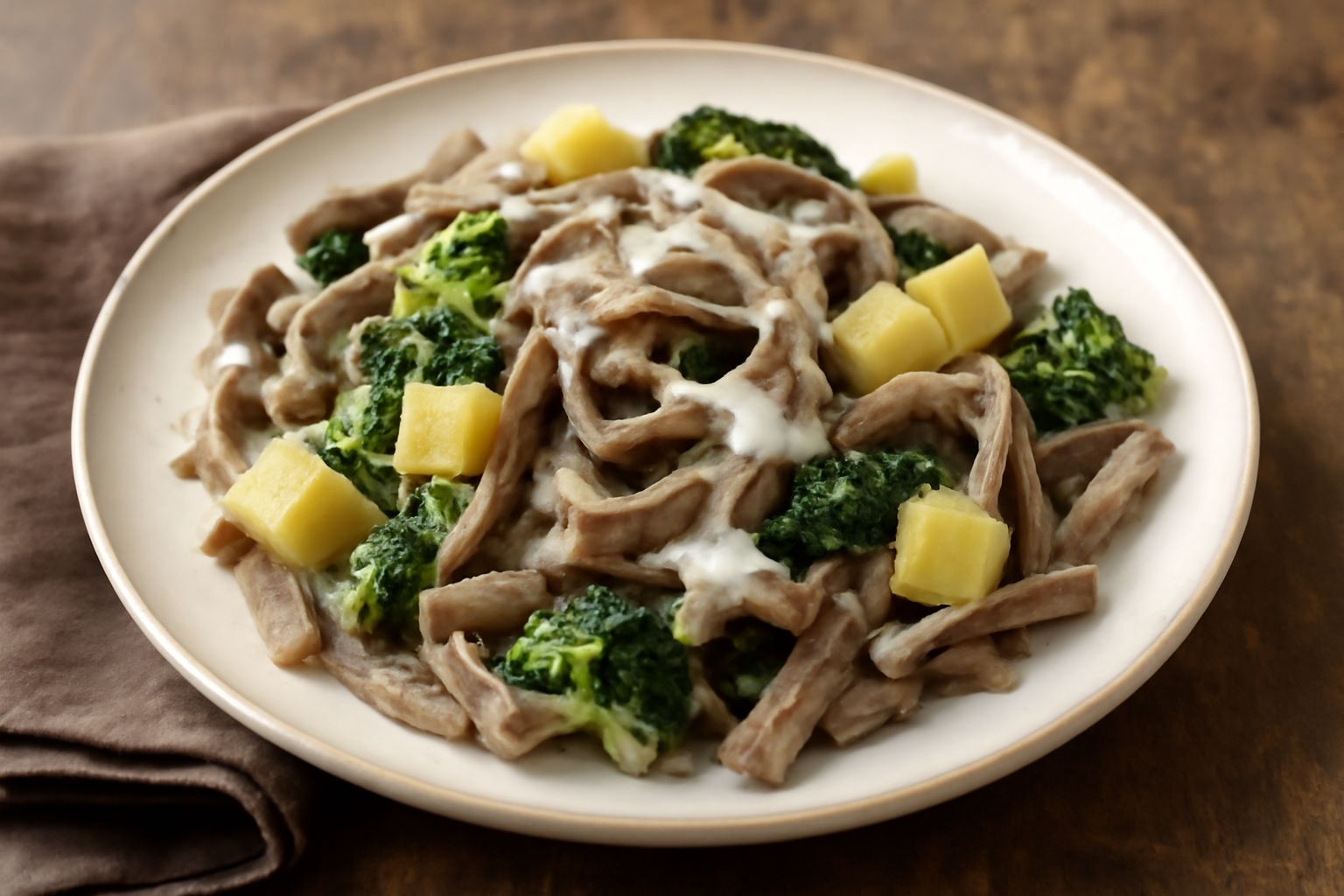 Pizzoccheri in un piatto bianco: pasta grigio-marrone ondulata con strisce di cavolo verde scuro, cubi gialli di patate e fiocchi bianchi di formaggio fuso, burro lucido in superficie