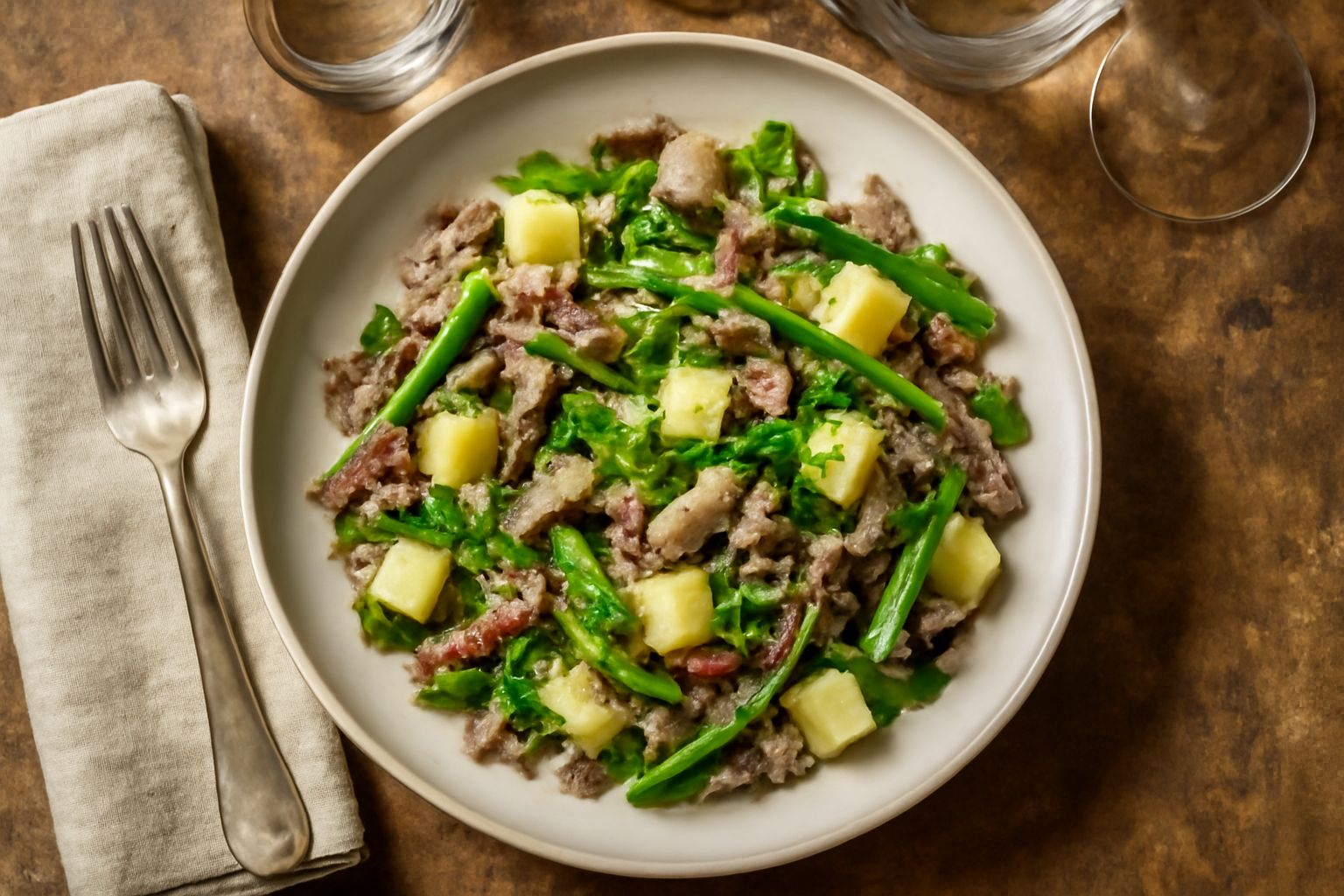 Piatto di pizzoccheri freddi con strisce di pasta scura di grano saraceno, patate cubetti bianche, zucchine grigliate tagliate a striscie, pomodorini rossi, insalata verde fresca, condimento verde di 