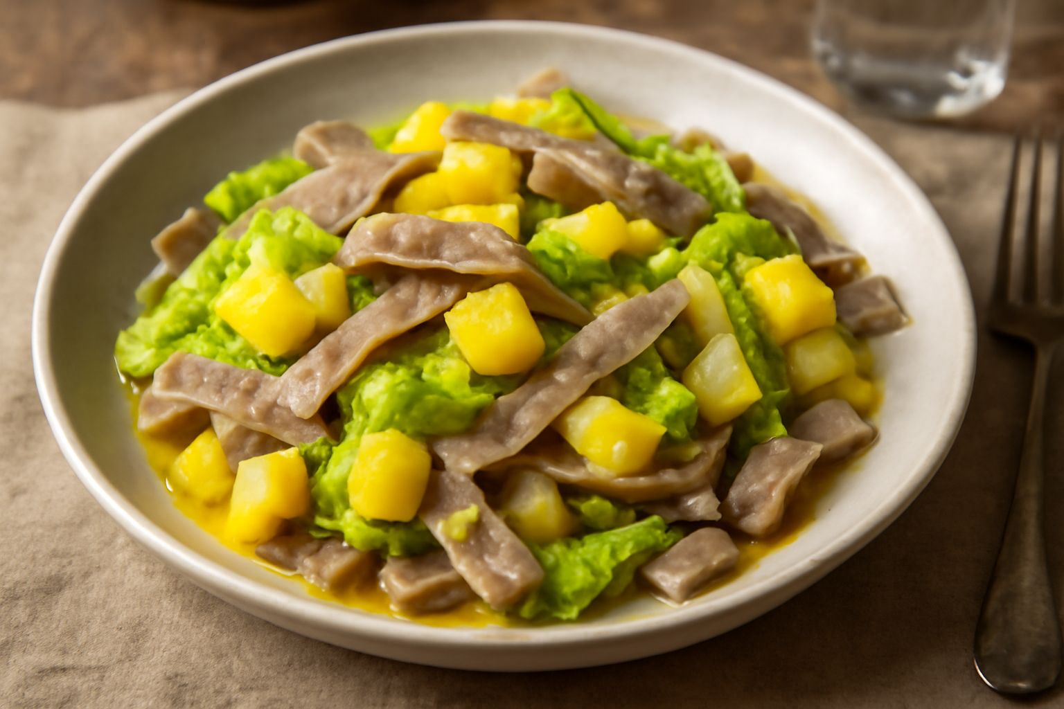 Pizzoccheri veneti in ciotola bianca: pasta a strisce larghe beige e grigie, pezzi di patata gialla, cavolo verde, burro fuso e briciole di aglio, serviti fumanti