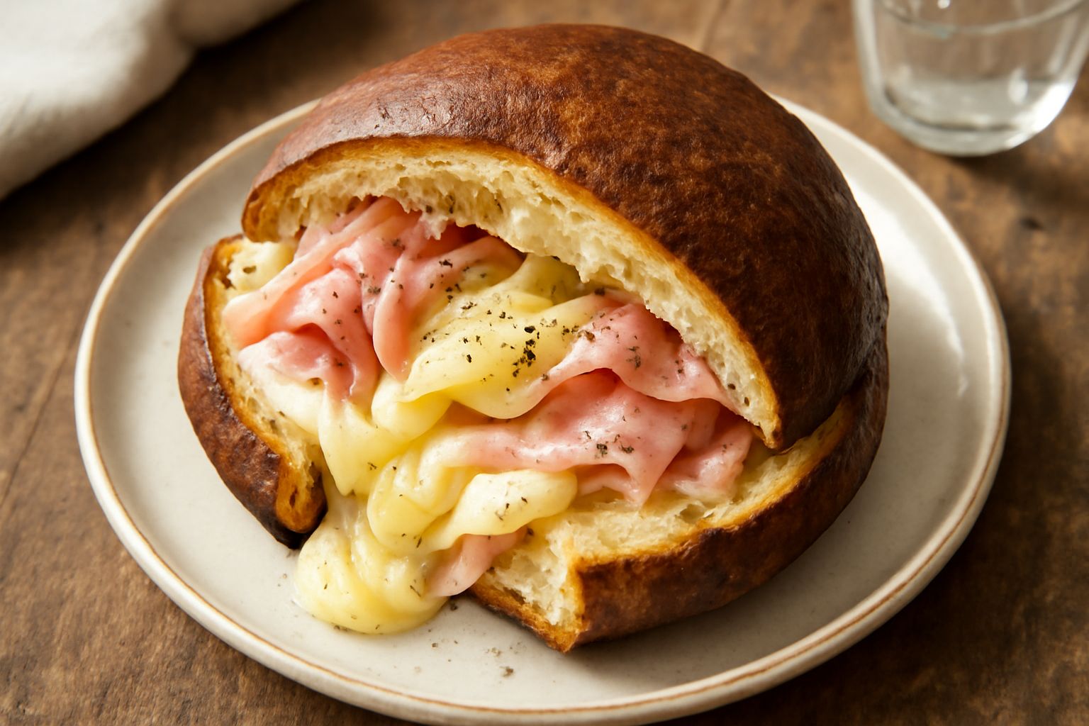 Pizzone casertano tagliato a fette, con la crosta dorata e croccante, interno morbido con filamenti di provola bianca, strati di mortadella rosa e pepe nero visibile sulla superficie e nei ritagli