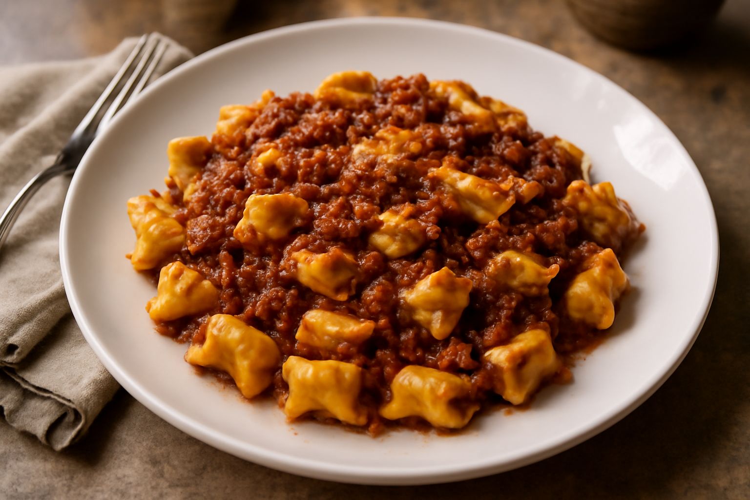 Piatto bianco con circa venti plin al ragù ben distanziati, dalla forma di piccoli rettangoli arrotolati, coperti di ragù rosso intenso, parmigiano grattugiato bianco e prezzemolo verde fresco sparso 