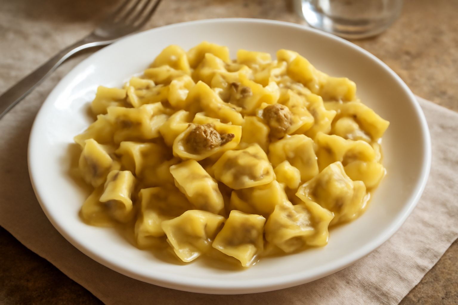 Una porzione di plin di carne in piatto bianco fondo, immersi in brodo caldo trasparente, guarniti con un filo di burro fuso e una spolverata di parmigiano grattugiato, con foglia di prezzemolo fresco