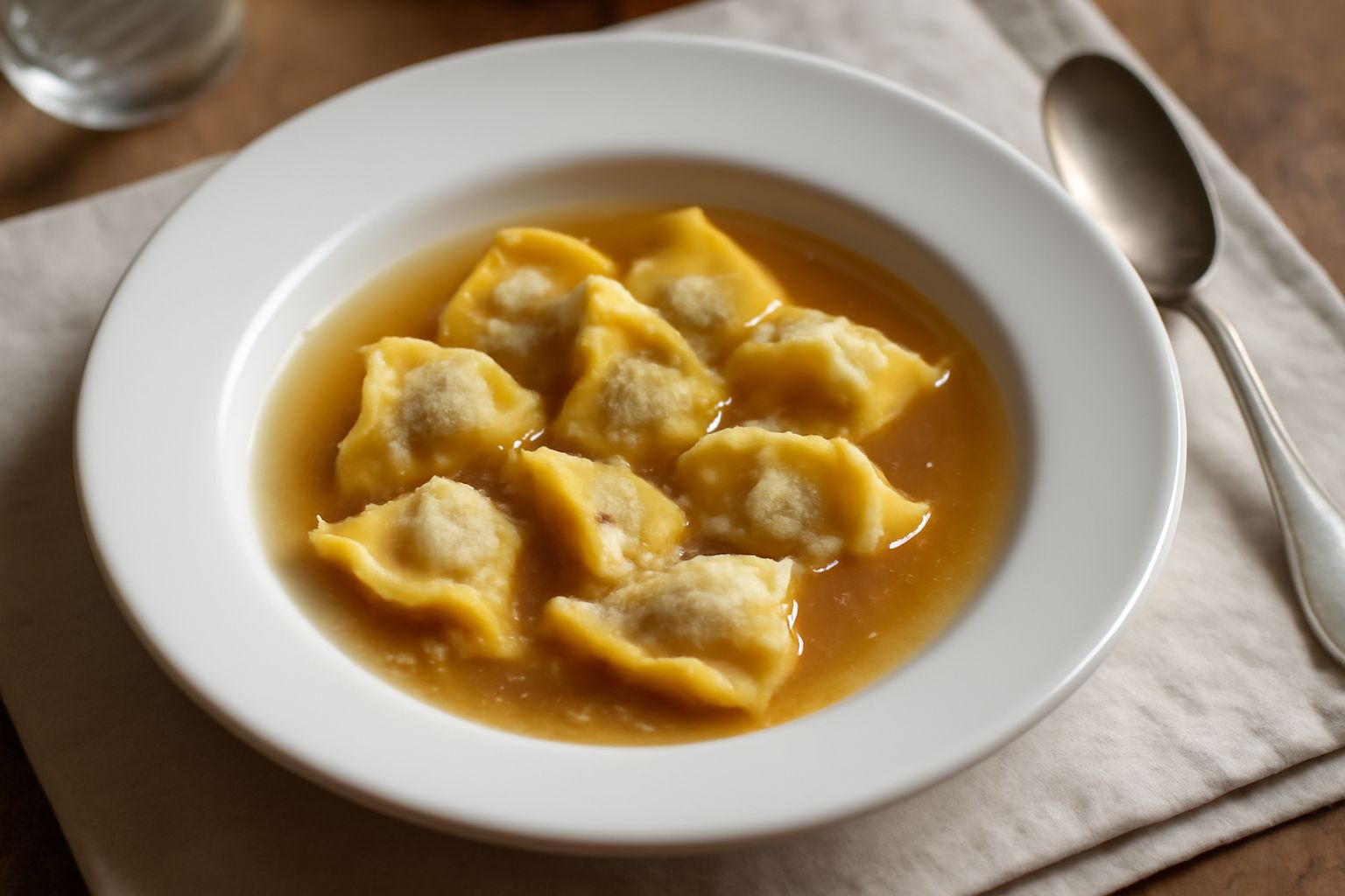 Un piatto bianco con sei plin in brodo caldo, riempiti di ripieno di carne ben visibile dal taglio, spolverati di parmigiano grattugiato, con foglie di prezzemolo fresco, immersi in brodo dorato fuman