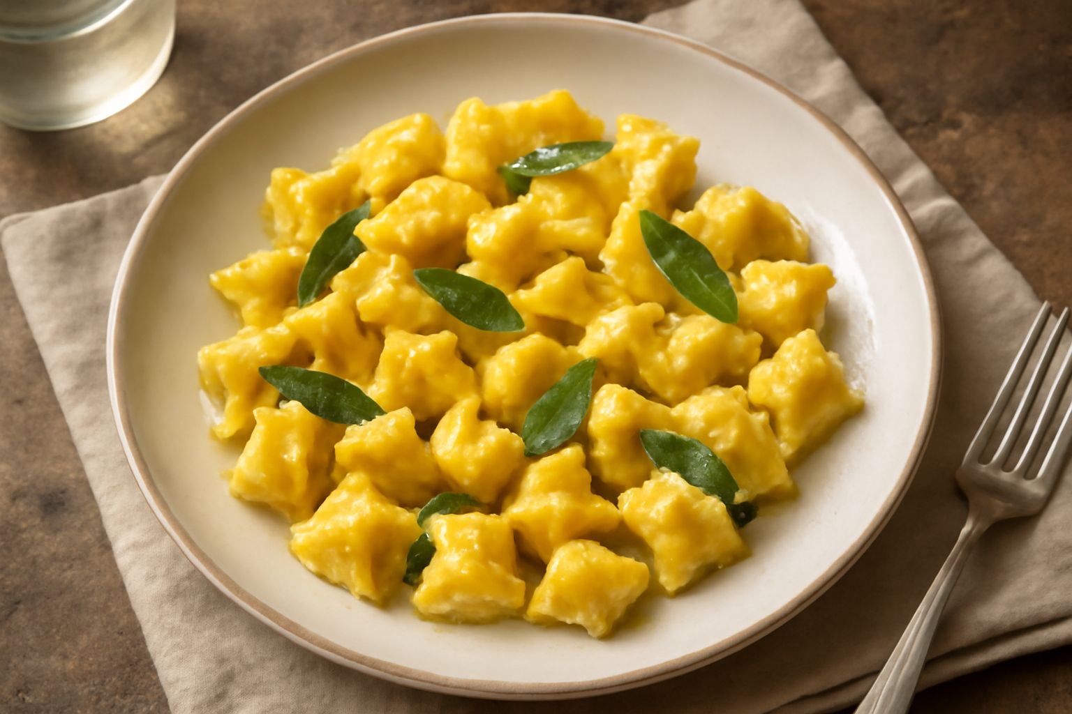 Una decina di plin piemontesi su un piatto bianco, ricoperti di burro fuso e foglie di salvia fresca verde, parmigiano grattugiato spolverate sui bordi, su sfondo di cucina naturale con teglia di legn