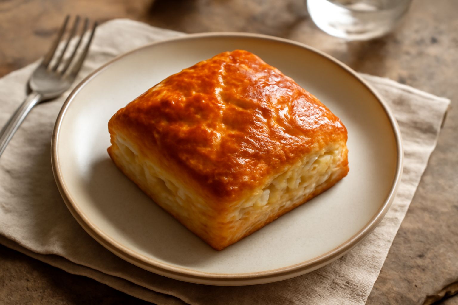 Pogacica dorata e croccante appena sfornata, di forma quadrata o triangolare, con superficie lucida e screpolature leggere, servita tiepida su un piatto bianco