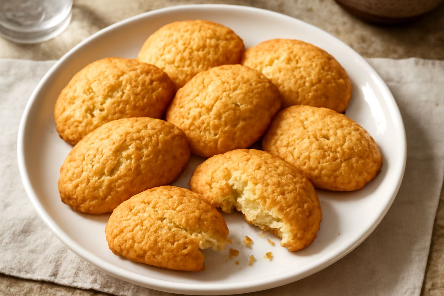 Polacche dorate e croccanti disposte su una carta da forno, con superficie irregolare e friabile, accanto a una tazza di caffè con manico