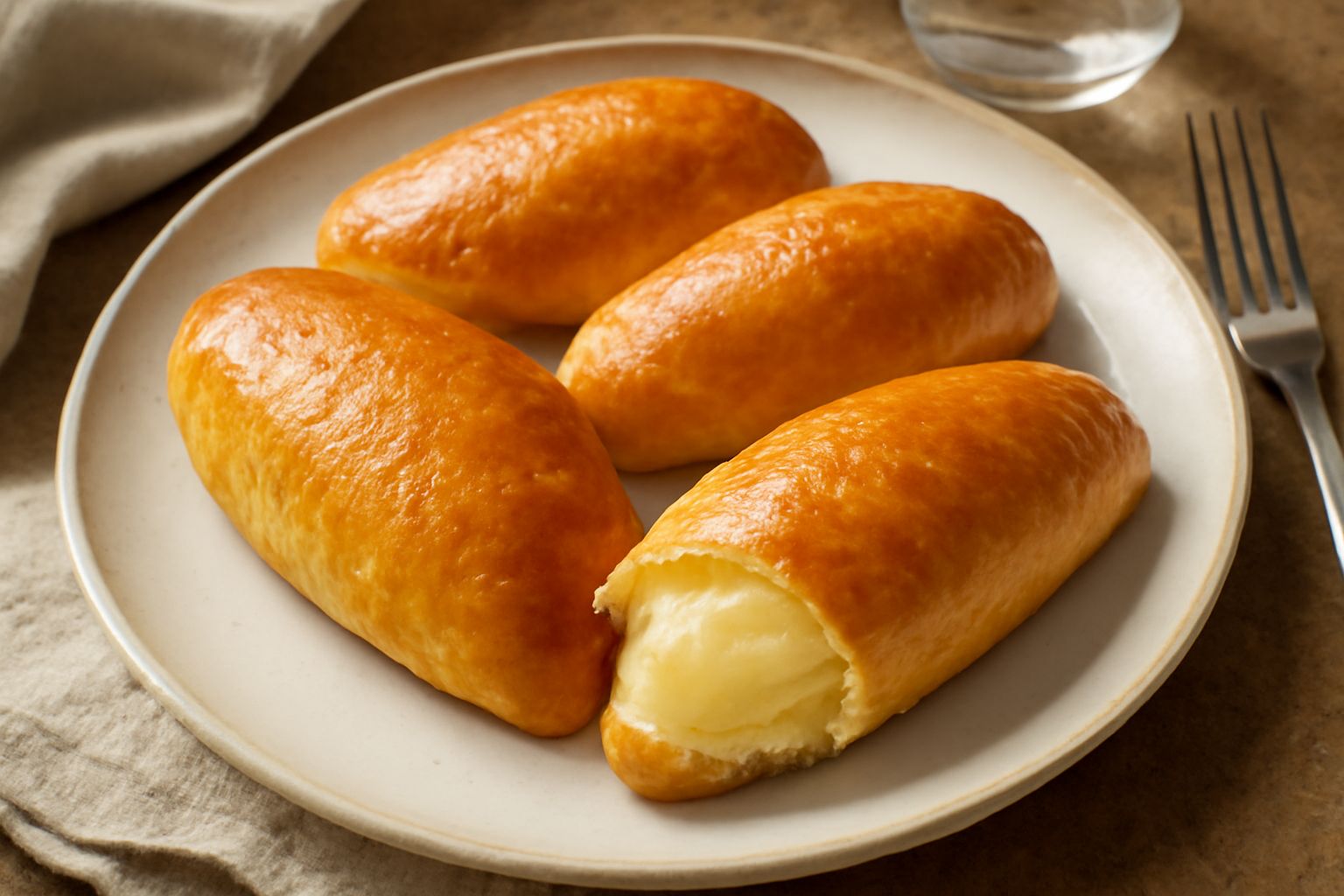 Polacche dolci dorate e fragranti disposte su una carta forno, tagliate a metà per mostrare la crema pasticcera bianca e corposa all'interno, con briciole di pasta sfoglia intorno