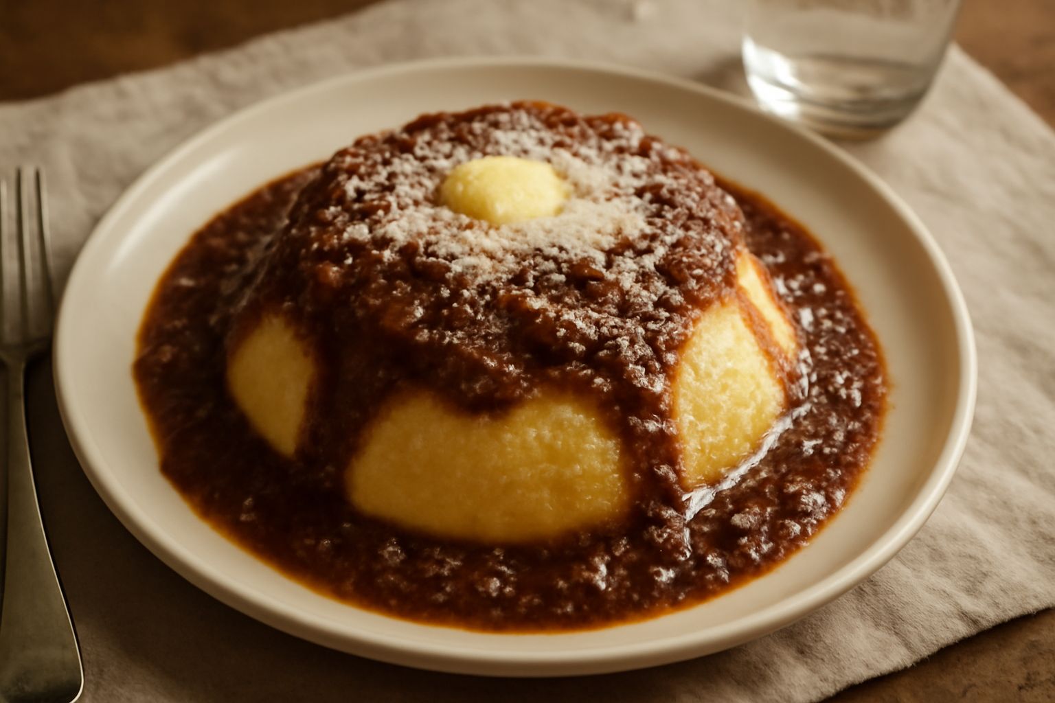 Piatto fondo con polenta cremosa gialla ricoperта da ragù rosso-marrone, un cucchiaio di burro in superficie, grana grattugiata bianca, vapore leggero che sale dal piatto