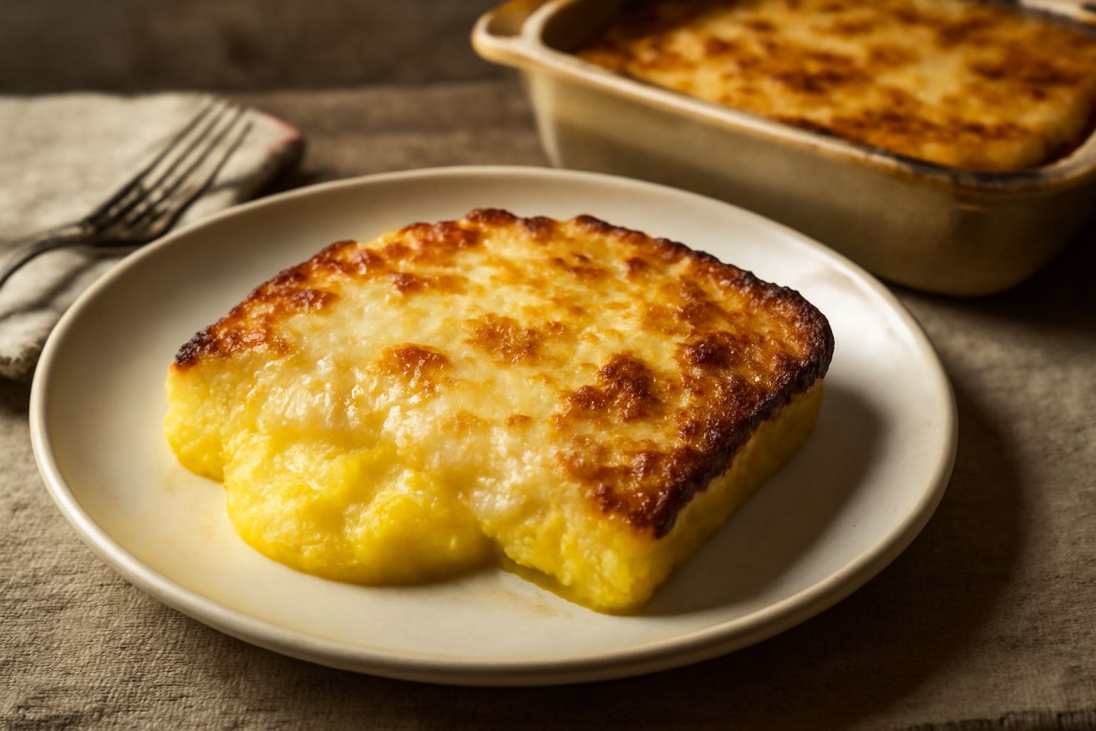 Polenta dorata al forno in pirofila di ceramica bianca, gratinata in superficie con formaggio fuso, bordi croccanti leggermente più scuri del centro cremoso, servita con una cucchiaiata in primo piano