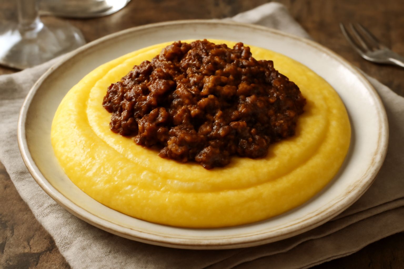 Piatto di polenta cremosa di colore giallo dorato, coperto da un ragù bruno scuro e ristretto, con pezzetti visibili di carne morbida, garnito con formaggio grattugiato bianco e un filo di olio di oli