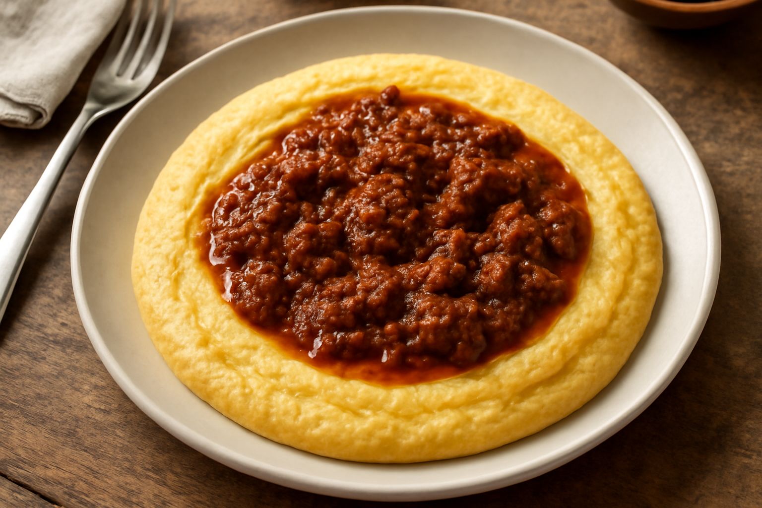 Piatto di polenta cremosa giallo-dorata con sugo di carne ragù marrone scuro sulla superficie, guarnito con basilico fresco verde, accompagnato da cucchiaio di legno su sfondo rustico