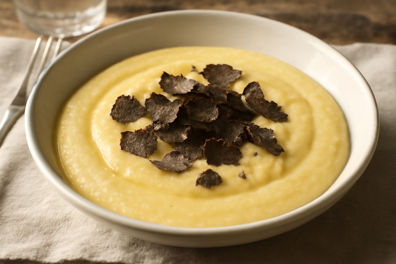 Piatto di polenta cremosa giallo pallido, mantecata con burro dorato, spolverata di scaglie sottili di tartufo nero brillante, servita in ciotola di ceramica bianca con cucchiaio di legno