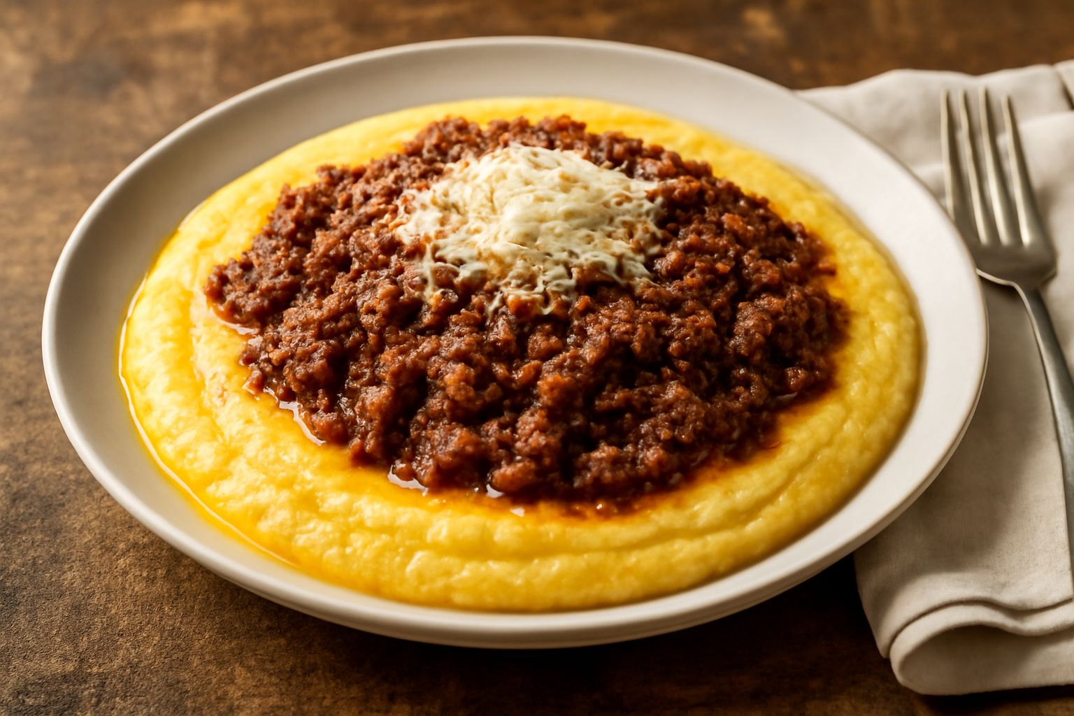 Polenta gialla cremosa in un piatto fondo bianco, coperta da ragù marrone scuro con visibili pezzetti di carne, grattugiata di parmigiano bianco e un pezzetto di burro dorato sulla superficie