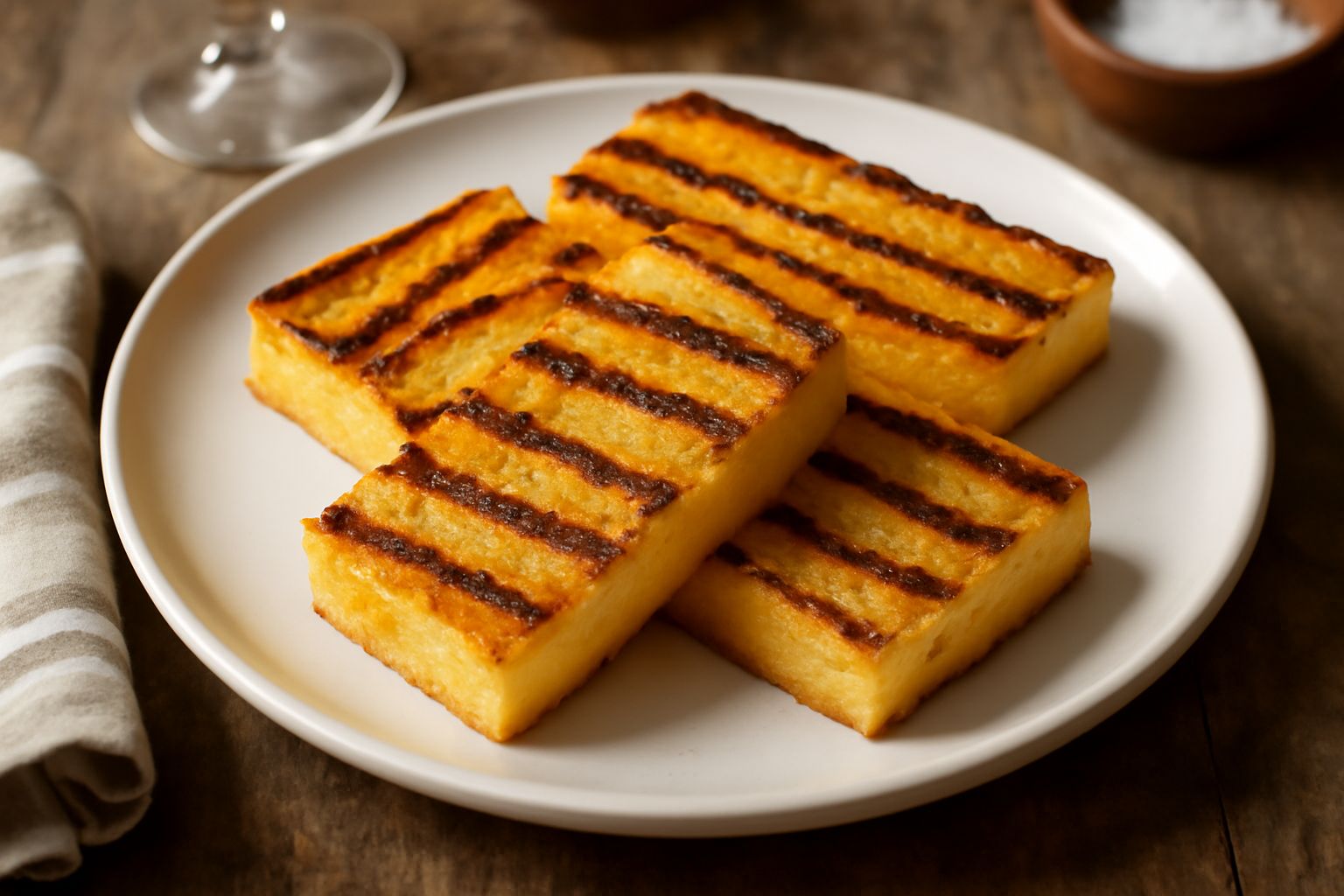 Fette di polenta giallo intenso appena grigliate, croccanti e con segni di bruciatura, disposte su piatto bianco con olio d'oliva lucido in superficie e rosmarino fresco a lato