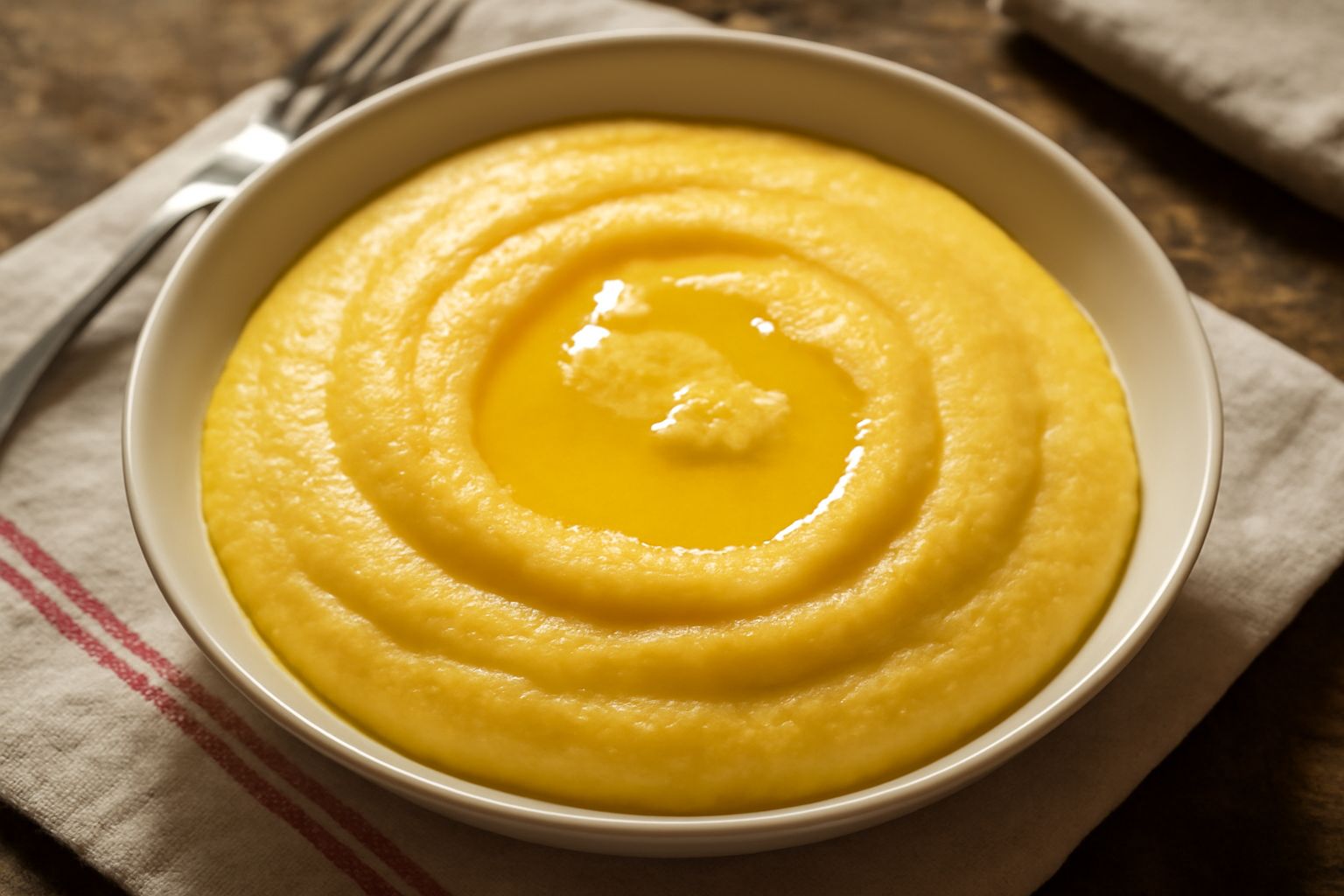 Polenta alla romana cremosa di colore giallo dorato, servita in un piatto fondo bianco, con un filo di burro che fonde in superficie e una spolverata di pepe nero