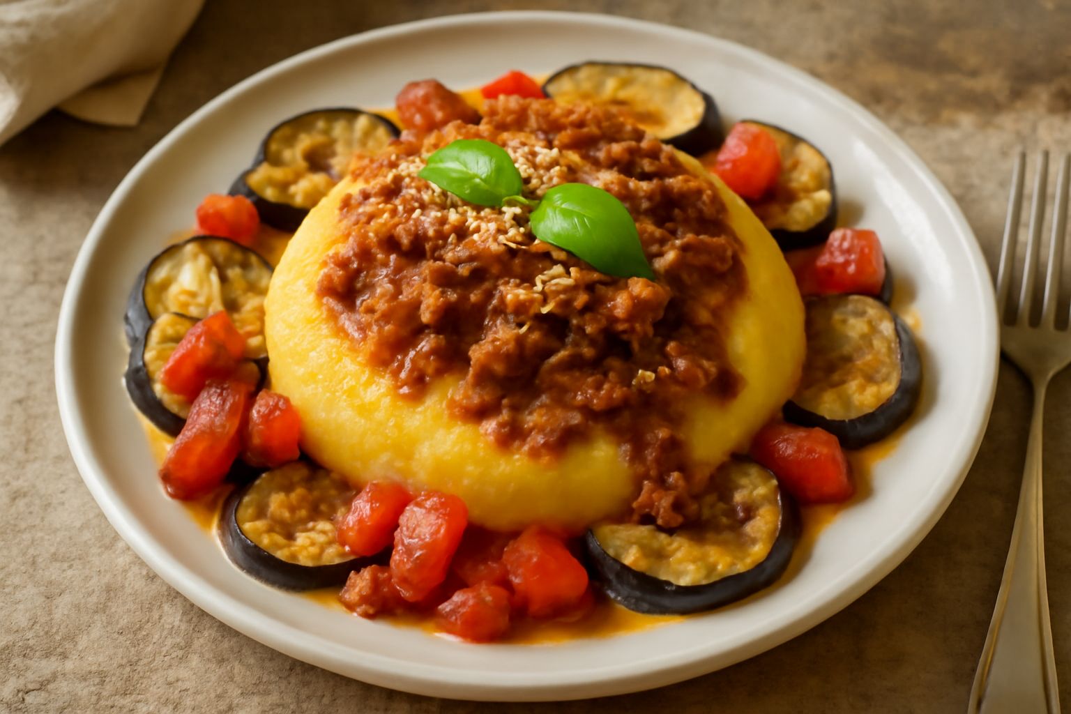 Polenta giallo-oro cremosa in un piatto bianco, condita con melanzane grigliate color marrone scuro, pomodori rossi e ragù, guarnita con parmigiano grattugiato e basilico fresco verde